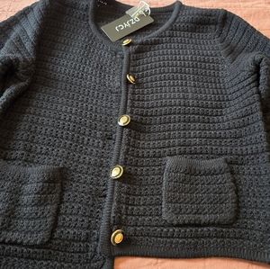 Womens Open Front Cardigan Black with Vintage Buttons